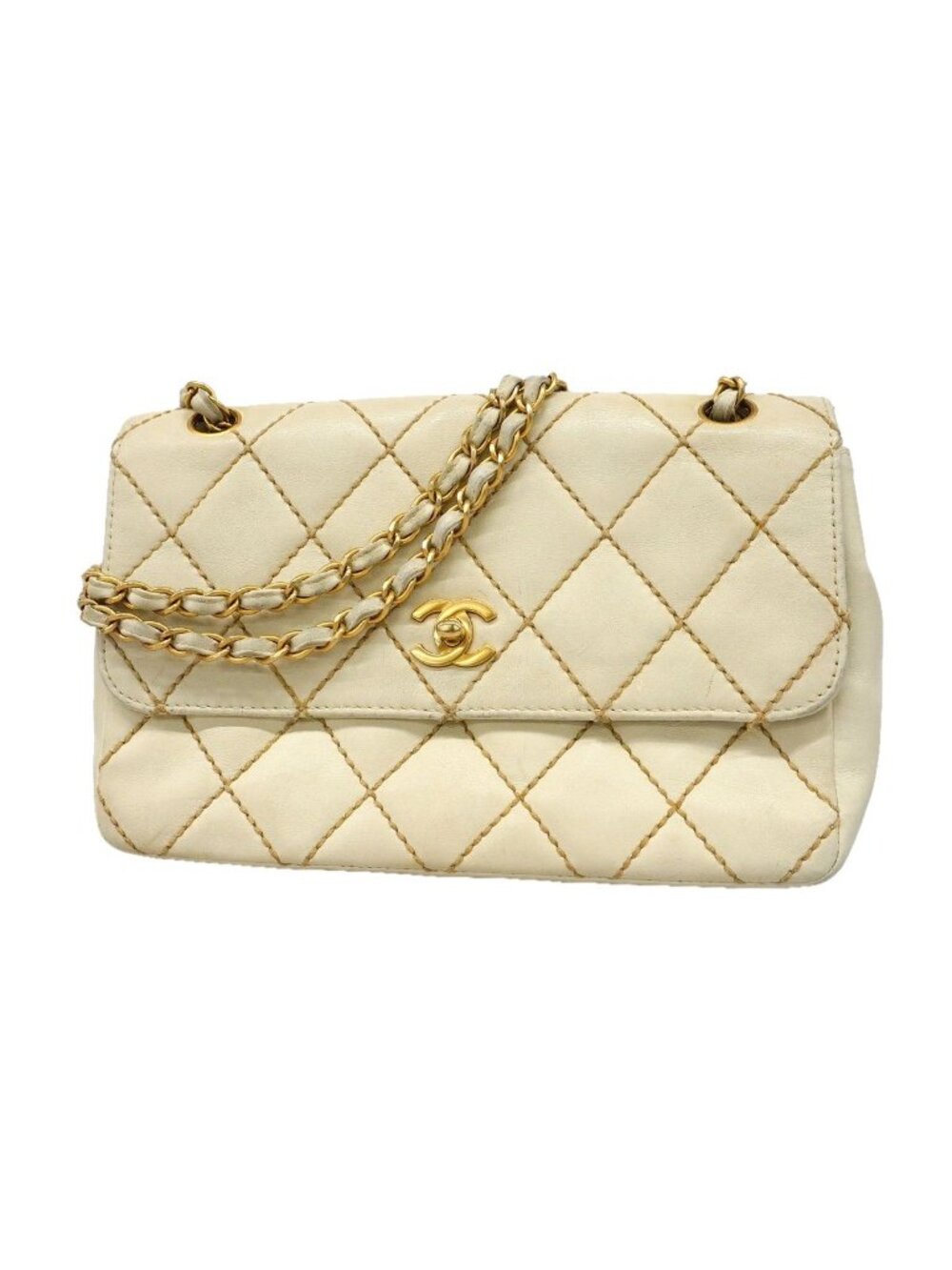 Chanel Shoulder Bag Wild Stitch Leather White Gold